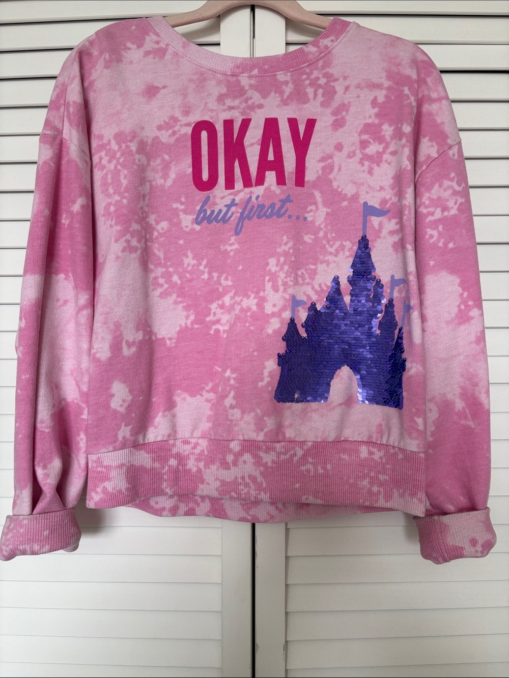 Disney Pink Tie-Dye 'OKAY but first...' Sequin Castle Sweatshirt